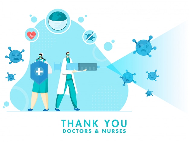 Thank you to doctor and nurse holding medical security shield with syringe spraying for fighting the coronavirus .
