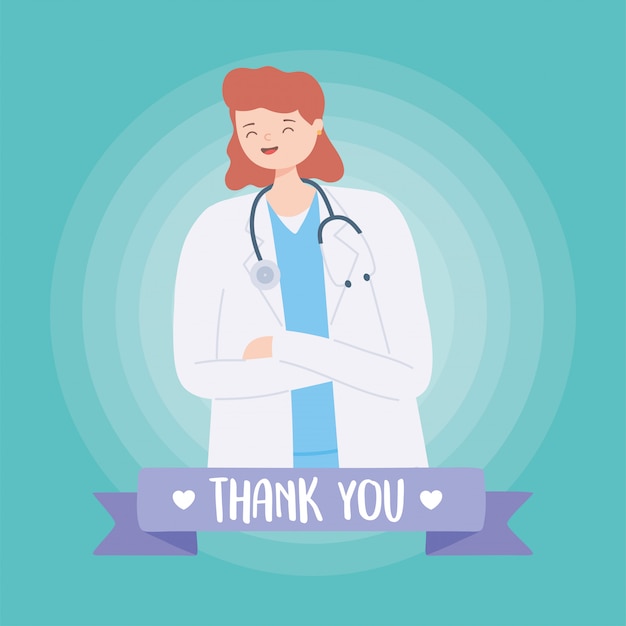 Vector thank you doctors and nurses, female physician with coat and stethoscope