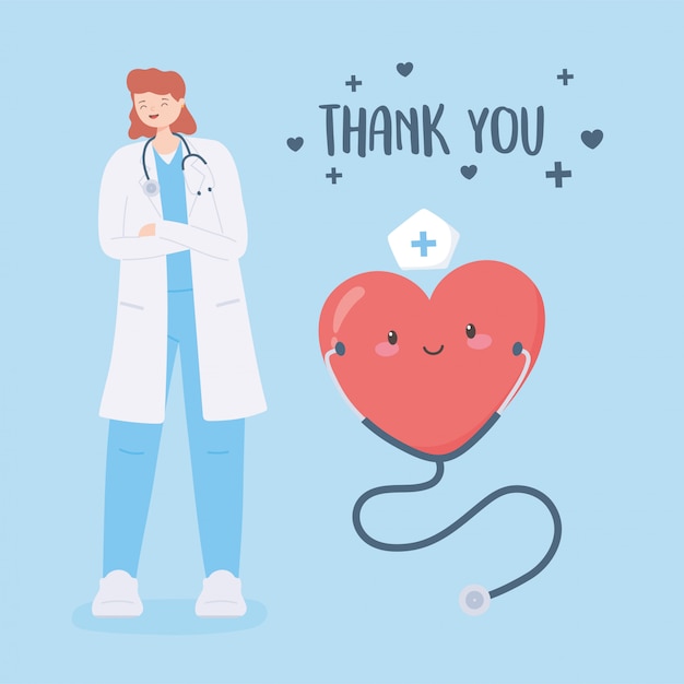 Vector thank you doctors and nurses, female physician with stethoscope and heart cartoon