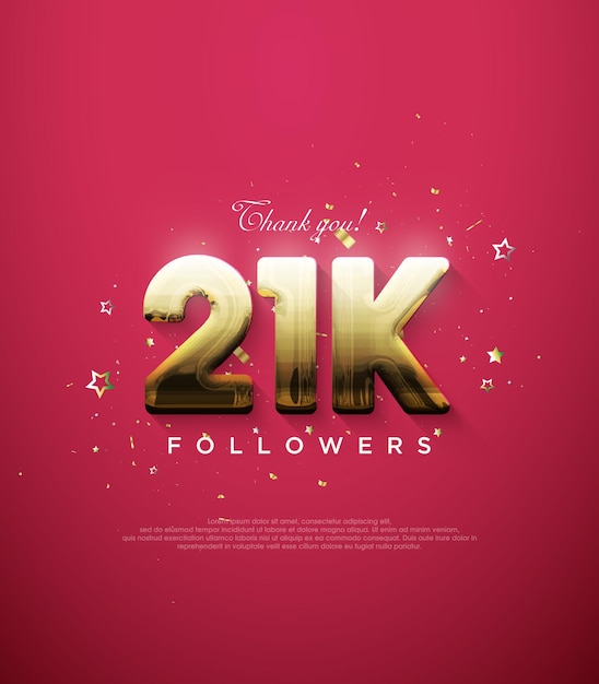 Grazie follower per 21k con numeri d'oro fantasiosi su sfondo rosso