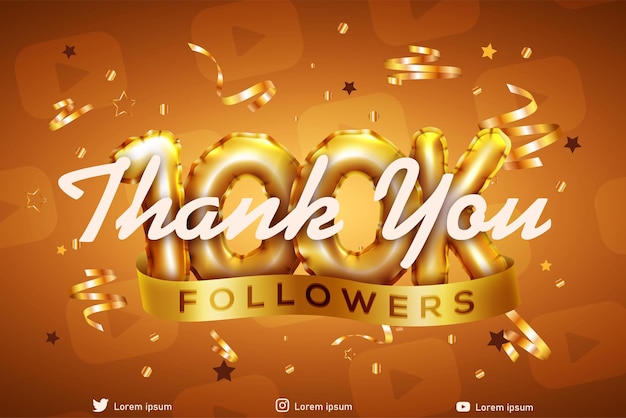 Thank you followers banner with a gold ribbon and the words thank you for 100k followers