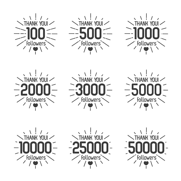 Thank you for followers isolated black label set with sunburst Vector Illustration