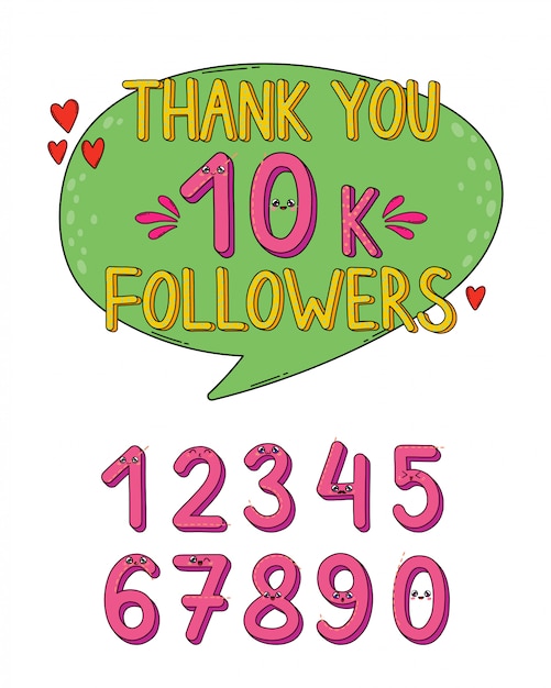 Vector thank you followers set of numbers in japan kawaii style