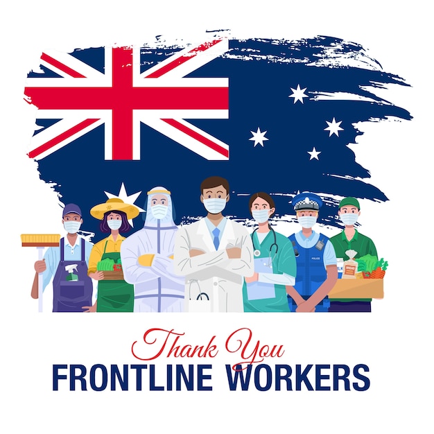 Thank you frontline workers. various occupations people standing with flag of australia.