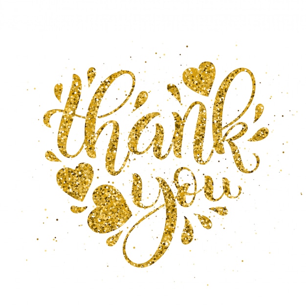 Thank You golden lettering. Hand drawn heart shaped calligraphy.  illustration.