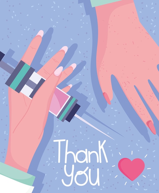 Thank you, hands female doctor with syringe medical equipment illustration