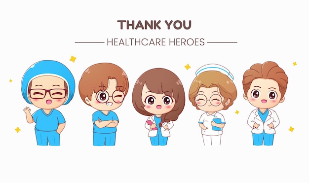 Vettore grazie eroi sanitari simpatici personaggi di infermiere e dottori