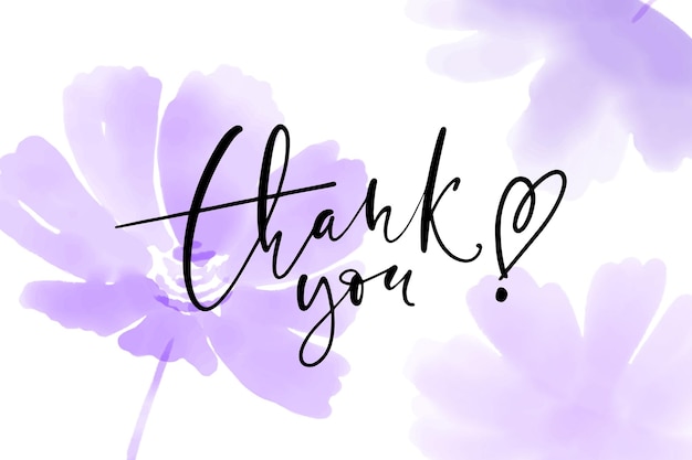 Vector thank you horizontal vector card hand drawn greetings lettering modern thin script lettering on watercolor flowers background