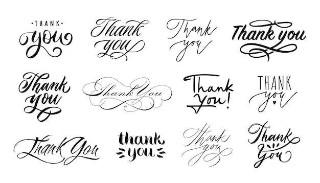 편지 또는 카드 디자인 벡터 세트에 대한 감사 태그 감사의 손으로 쓴 서예 단어 감사합니다.
