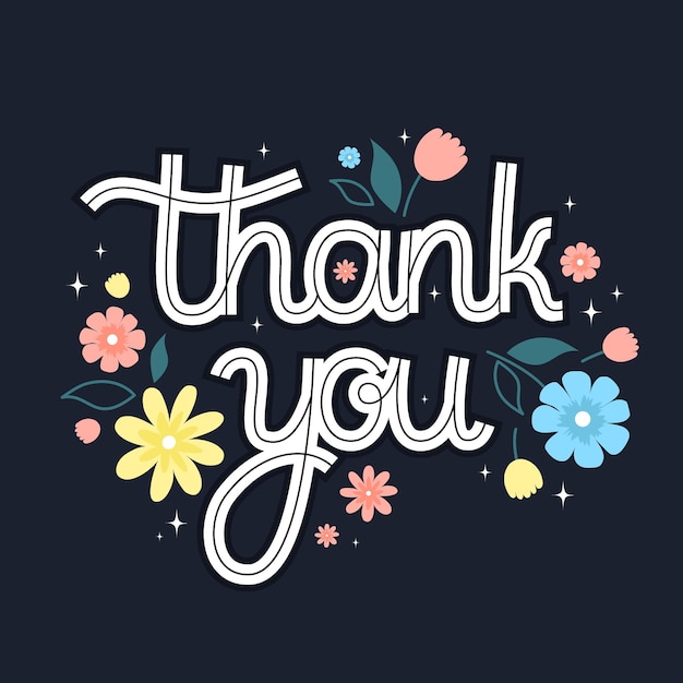 thank you lettering with decorative flowers on navy background vector illustration