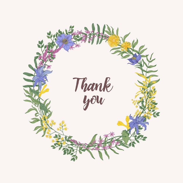 Vector thank you lettering written with cursive font inside round floral decorative frame or wreath