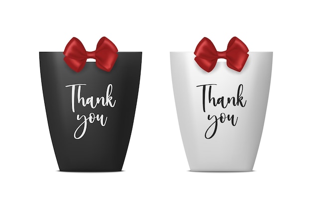 Thank You Vector 3d Realistic Black and White Paper Gift Bag Box