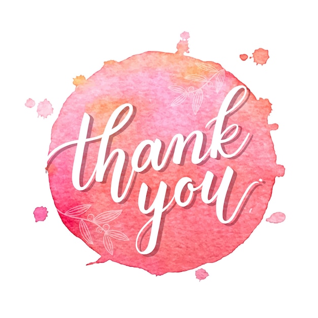 Thank you vector handwritten calligraphy over pink watercolor circle background.