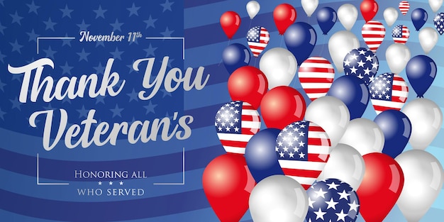 Vector thank you veterans phrase and flying in the sky balloons. veterans day november 11th greetings.