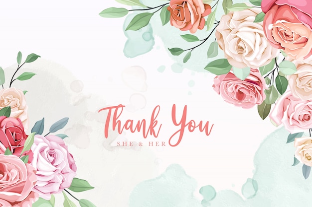 Thank you wedding invitation card with roses and leaves