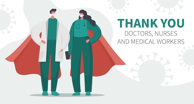 Спасибо врачам и медсестрам супергероям в накидках во время эпидемии коронавируса.