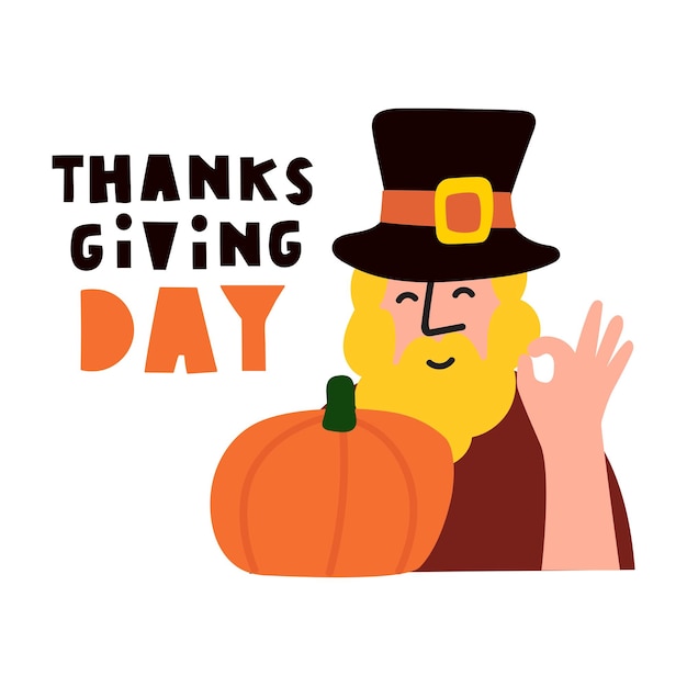 Vector thanks giving day man with beard in pilgrim's hat with pumpkin fall season vector design illustration on white background