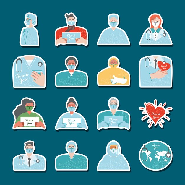 Thanks you, medical staff characters world heart, icons stickers  illustration