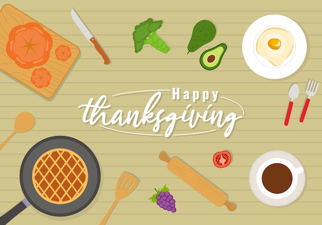 Thanksgiving achtergrond met feestelijke gerechten zoals taart, gebakken ei, vers fruit en een kopje koffie Herfst inscriptie Seizoensgebonden belettering Oogst etiketten vector illustratie