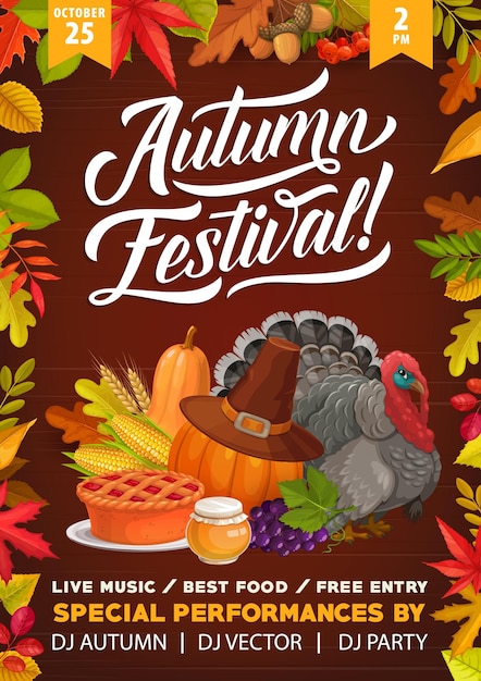 Vector thanksgiving autumn festival flyer cartoon turkey