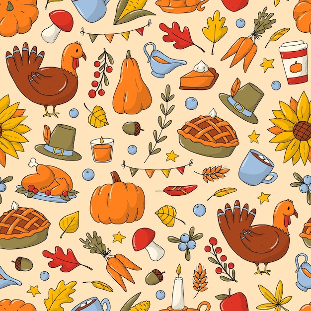Vector thanksgiving and autumn seamless pattern with doodles on light yellow background