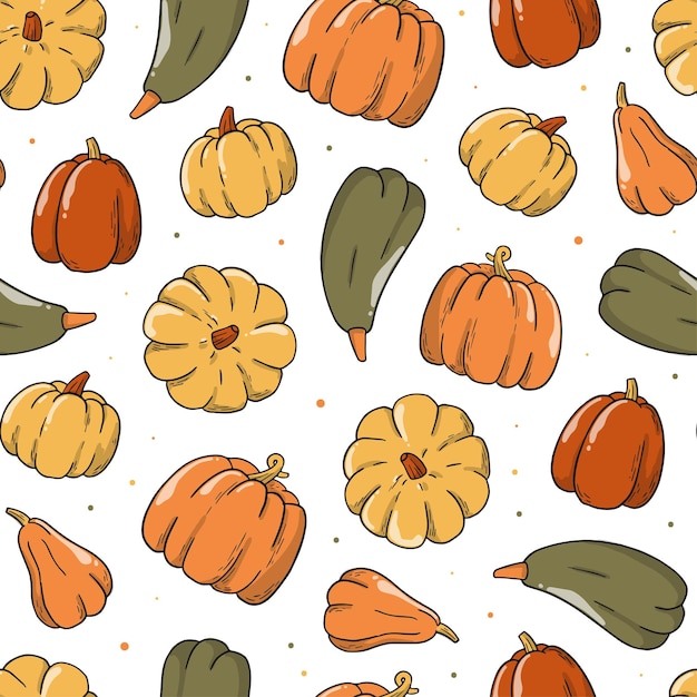 Thanksgiving and autumn seamless pattern with hand drawn pumpkins