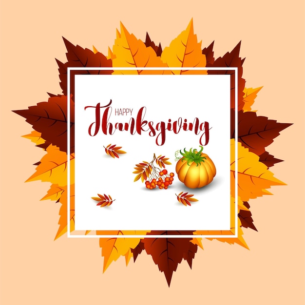 Vector thanksgiving background with autumn leaves and pumpkin