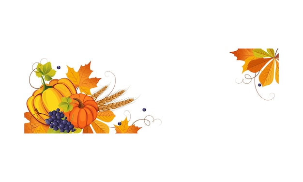 텍스트를 위한 공간이 있는 추수감사절 배너 가을 야채 과일과 나뭇잎은 흰색 배경에 있는 벡터 그림