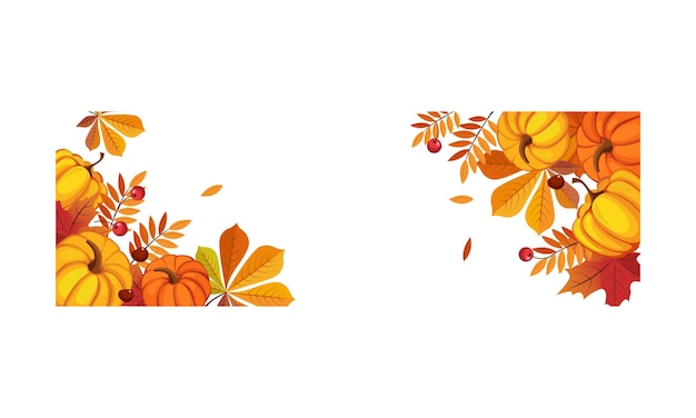 Thanksgiving banner with space for text bright autumn leaves and pumpkins vector Illustration on a white background