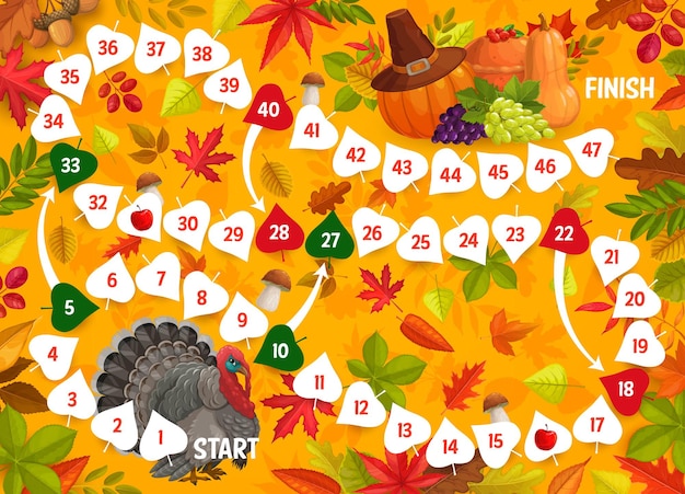 Vector thanksgiving board game, turkey, leaves, harvest