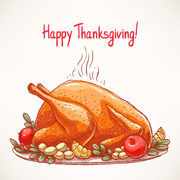 Thanksgiving card. appetizing fried turkey. Hand-drawn.