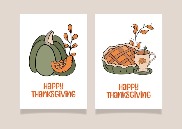 Дизайн открытки на День Благодарения с тыквенной чашкой чая и пирогом. Векторная иллюстрация