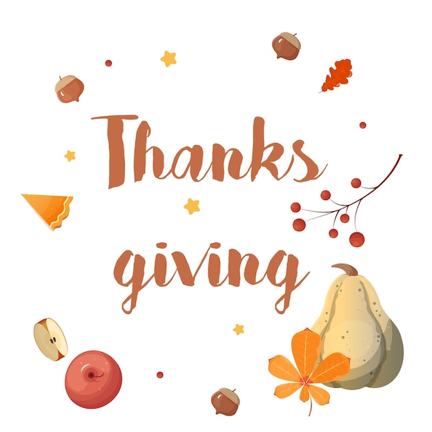 Открытка на День Благодарения, тыквенный пирог, надпись, приветствие, яблоко