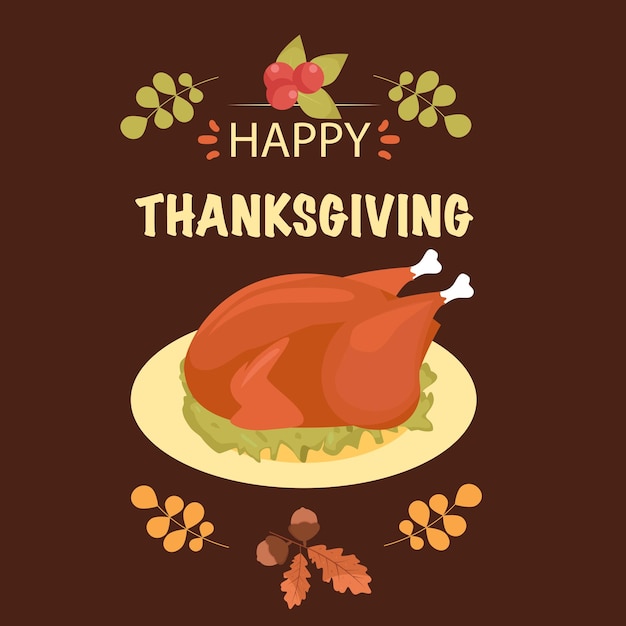 Vector thanksgiving card with turkey on dark brown background