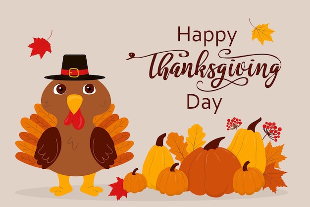 Premium Vector | Thanksgiving card with turkey and pumpkins