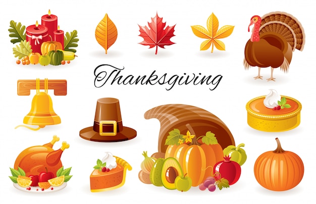 Thanksgiving cartoon icons. Autumn festival set with turkey, pumpkin, cornucopia, pie, pilgrim hat.