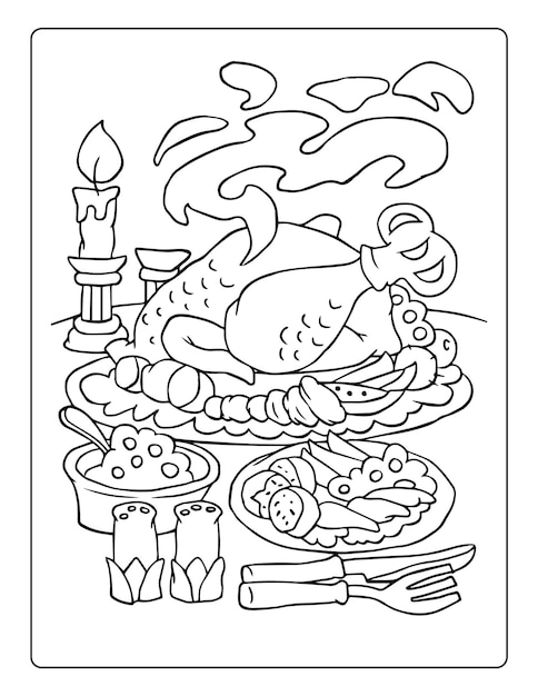 Thanksgiving Coloring Pages for kids with turkey and pumpkin black and white activity worksheet