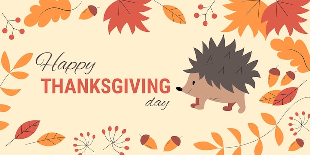 Thanksgiving cute cartoon poster. Vector autumn banner with hedgehog and bright falling leaves.