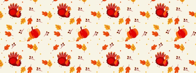 Thanksgiving day Autumn pattern Textile background with autumn leaves pumpkin berries and turkey