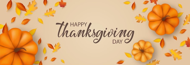 Thanksgiving day banner background with pumpkins and fall foliage realistic 3d illustration