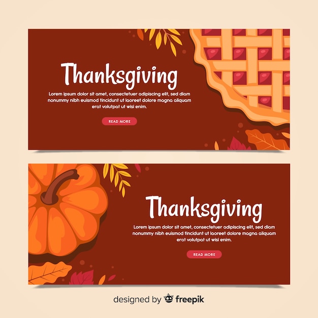 Thanksgiving day banner set with pumpkin and pie