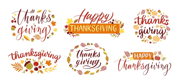 Thanksgiving day belettering Happy thanksgiving kaart typografie herfstvakantie vieren banner met oranje blad vector set