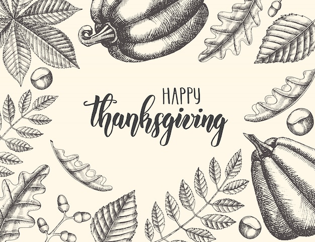 Thanksgiving day belettering kalligrafie zin. herfst achtergrond met bladeren en pompoenen