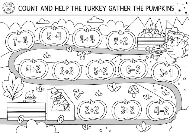 추수 감사절 호박과 함께 차를 운전하는 귀여운 칠면조와 함께 어린이를위한 흑백 계산 주사위 보드 게임 숫자가있는 가을 라인 휴일 보드 게임 Kidsxa를위한 가을 수학 활동