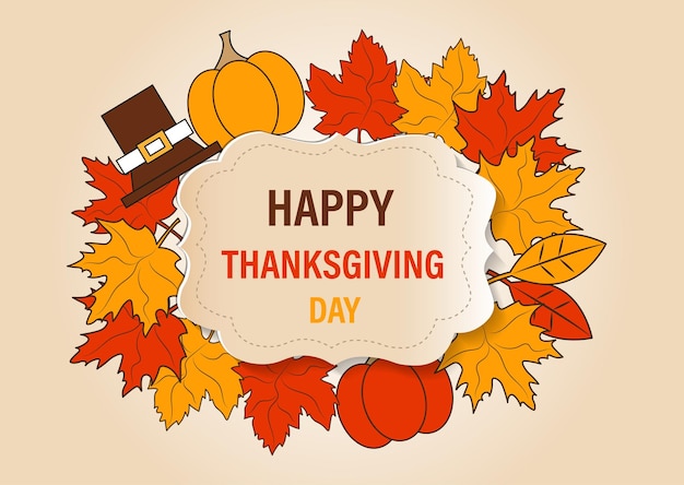 Thanksgiving day card with pumpkins and maple leaves holiday autumn background vector illustration