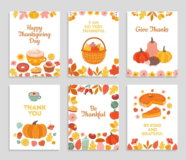 Thanksgiving day cards. Autumn rustic poster, flyers with flowers, pumpkin pie falling leaves. Happy thankful greetings vector illustration. Autumn thanksgiving banner and fall holiday