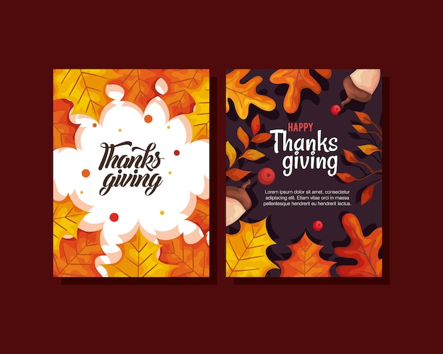 Carte del giorno del ringraziamento con foglie autunnali e ghiande, illustrazione del tema della stagione