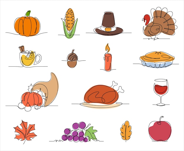 Vector thanksgiving day colored line icon in continuous line drawing