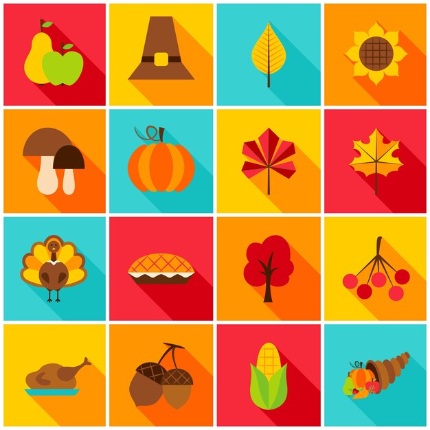 Icone colorate del giorno del ringraziamento. illustrazione di vettore. insieme di oggetti per le vacanze stagionali.