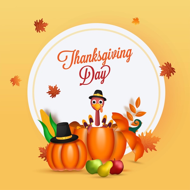 Thanksgiving Day Concept With Turkey Bird Inside Pumpkins, Fruit And Maple Leaves On Yellow Background.